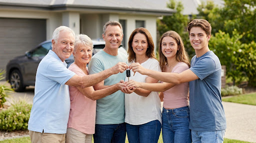 Família recebendo chave de carro